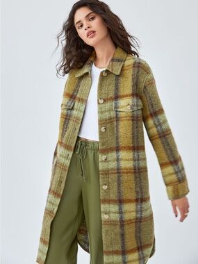 🧥Wilfred Olive Plaid Long Trench Coat